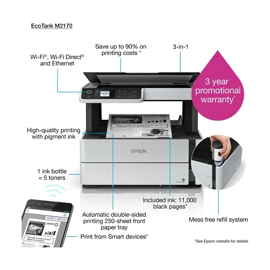 Epson EcoTank M2170 Maroc Imprimante jet d’encre monochrome multifonction Wi-Fi rechargeable Maroc C11CH43403 Maroc, Imprimez où que vous soyez avec Wi-Fi Direct et l’application Epson iPrint. À l’aide de votre appareil mobile, ordinateur portable ou tablette, vous pourrez envoyer des documents à imprimer depuis presque n’importe quel endroit.
