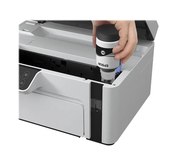 Epson EcoTank M2120 Imprimante jet d’encre monochrome multifonction Wi-Fi Recto-Verso manuelle (C11CJ18403) 30 Epson EcoTank M2120 Maroc Imprimante jet d’encre monochrome multifonction Maroc C11CJ18403 Maroc, Le réservoir frontal de cette imprimante EcoTank permet de la recharger en encre facilement. Les bouteilles sont dotées d’un système de pressurisation, Il est donc inutile de presser le flacon pendant le remplissage.