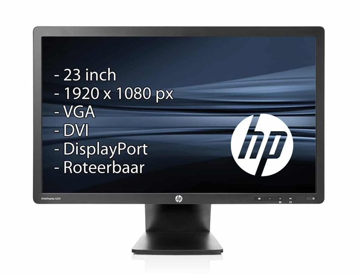 HP EliteDisplay E231 Écran 23" Full HD C9V75AA, Avec un temps de réponse de 5 ms, 1000:1 statique et 5 000 000:1 taux de contraste dynamiques, luminosité de 250 cd/m 2 et connectivité d'entrée VGA / DVI-D / DisplayPort. Il peut être ajusté pour plus de confort et de flexibilité avec une inclinaison de -5 à 30°, un pivotement à 90°. 
