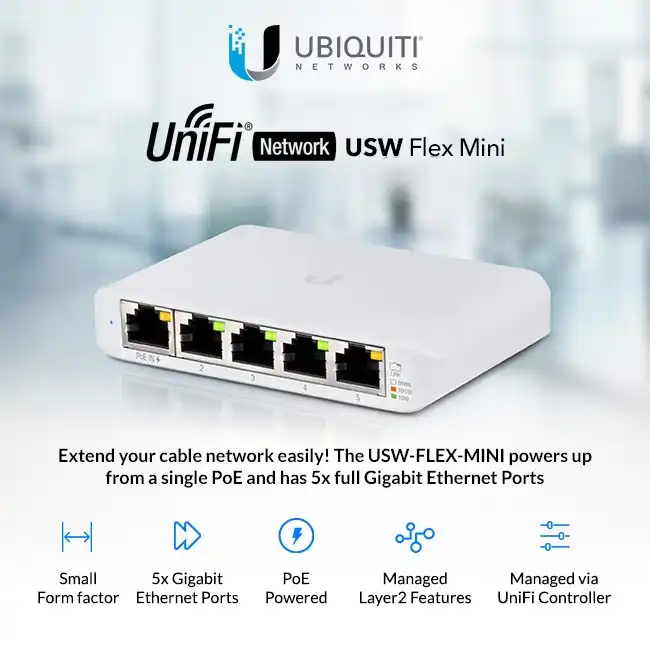 Commutateur Gigabit UniFi 5 ports Maroc Ubiquiti USW-FLEX-MINI Maroc Switch 5 ports Gigabit PoE+ Ubiquiti USW-FLEX-MINI, Le Flex Mini peut également être alimenté via son port d'entrée PoE lorsqu'il est connecté à un appareil compatible 802.3af/at ou à l'aide de l'adaptateur secteur USB Type-C inclus. Avec sa petite conception de bureau sans ventilateur, le Flex Mini s'intègre dans presque tous les environnements de bureau, de maison ou d'entreprise, où il fonctionne silencieusement.