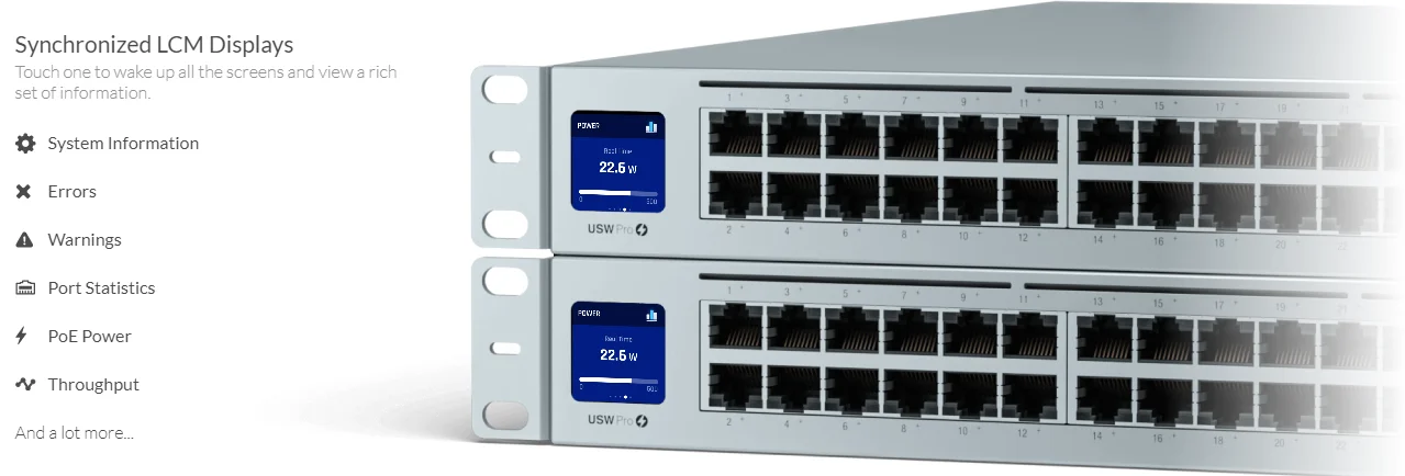 Commutateur Gigabit UniFi 48 ports Maroc Ubiquiti USW-PRO-48-POE Maroc Switch 48 ports Gigabit PoE+ Ubiquiti USW-PRO-48-POE, Ecran tactile de 1,3″ permet une surveillance facile et un dépannage rapide.