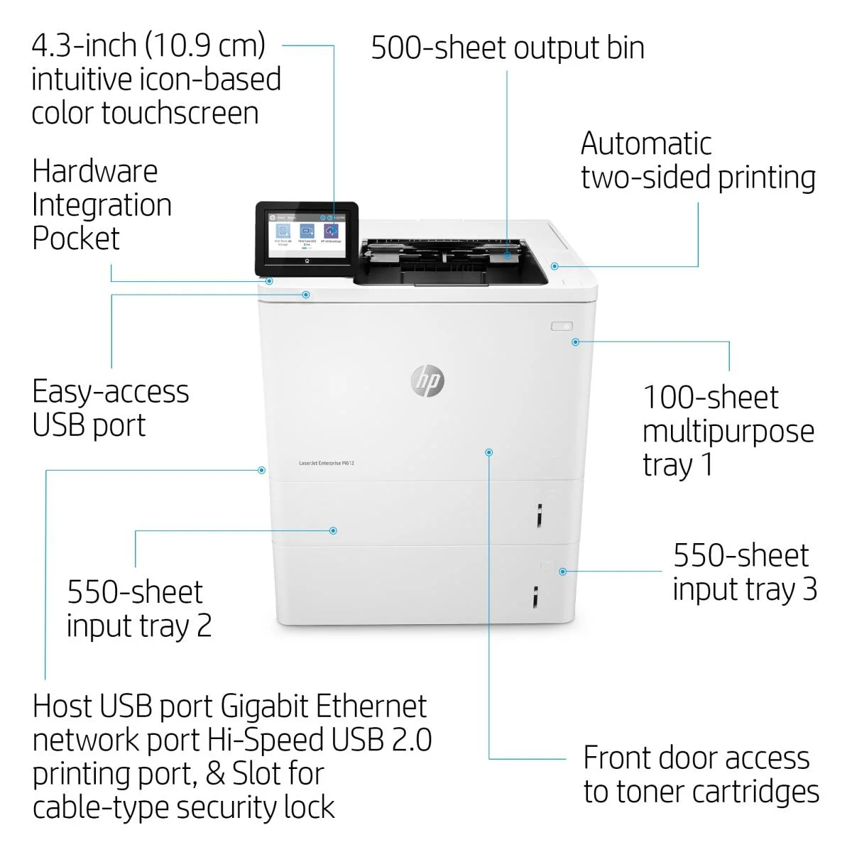 Imprimante Laser monochrome Maroc Imprimante HP monochrome Maroc HP LaserJet Enterprise M612dn 7PS86A, Rapide et durable, Imprimante HP LaserJet Enterprise M612dn sera un atout précieux pour les lieux de travail exigeants qui nécessitent un volume d'impression élevé. HP LaserJet Enterprise M612dn offre des vitesses d'impression impressionnantes allant jusqu'à 75 ppm avec une première vitesse d'impression de seulement 5 secondes. 