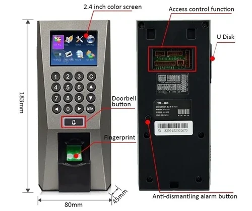 Contrôle d’accès à empreinte digitale Maroc Contrôle d'accès biométrique ZKTeco F18 Terminal d'empreintes digitales Maroc, L'appareil dispose également d'un écran LCD TFT intégré de 3,5 pouces pour une expérience utilisateur riche et d'une indication audiovisuelle pour l'acceptation et le rejet des empreintes digitales valides/invalides.