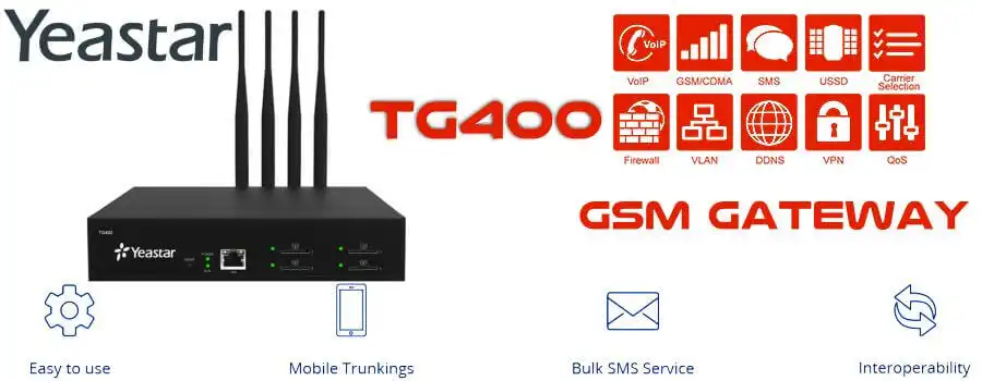 Yeastar TG400 est une passerelle numérique VoIP-GSM prenant en charge jusqu’à quatre cartes SIM . Avec cet appareil, vous pouvez réduire considérablement les coûts de communication dans votre entreprise et également connecter votre numéro de téléphone partout où arrive le signal des opérateurs mobiles. Passerelles VoIP Yeastar neogate tg400 ip pbx est un appareil voip gsm, dans lequel vous pouvez spécifier m. En envoi de sms, alerte d’attaque réseau, comptes sip, véritable protocole API ouvert