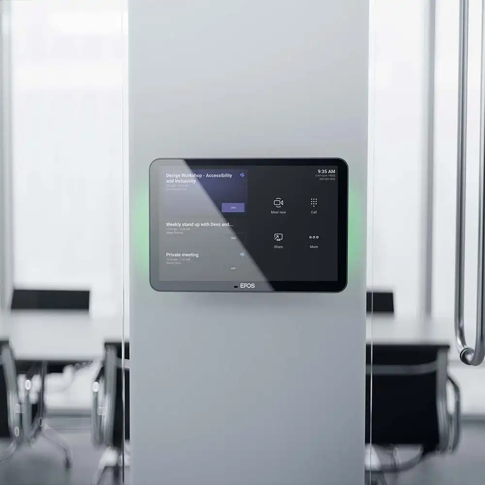 EPOS EXPAND Control Maroc Contrôleur de salle de réunion Maroc 1001072 Maroc, Using it as a wall-mounted scheduling panel, the compact touchscreen lets users view location and meeting details, or even reserve available meeting spaces on the spot. Multi-colored LED indicators in the side of the tablet show you available meeting rooms. 