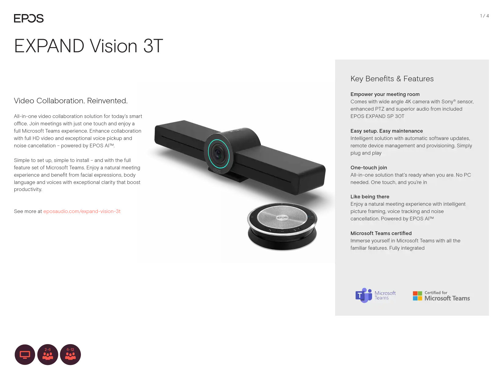 EPOS EXPAND Vision 3T Maroc Bar de visioconférence 4K Maroc 1000927 Maroc, Ce haut-parleur est certifié pour fonctionner avec Microsoft Teams, ce qui s'applique lorsqu'il est connecté au port USB Type-C d'un ordinateur Windows ou Mac compatible. 