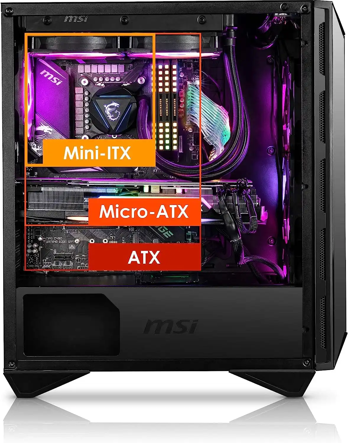 306-7G10R21-W57 MSI MPG GUNGNIR 110R Maroc Boîtier PC Gaming Maroc, vous pouvez facilement installer des blocs d'alimentation ATX avec un espace maximal allant jusqu'à 9,8" lorsque la cage du disque dur est retirée.