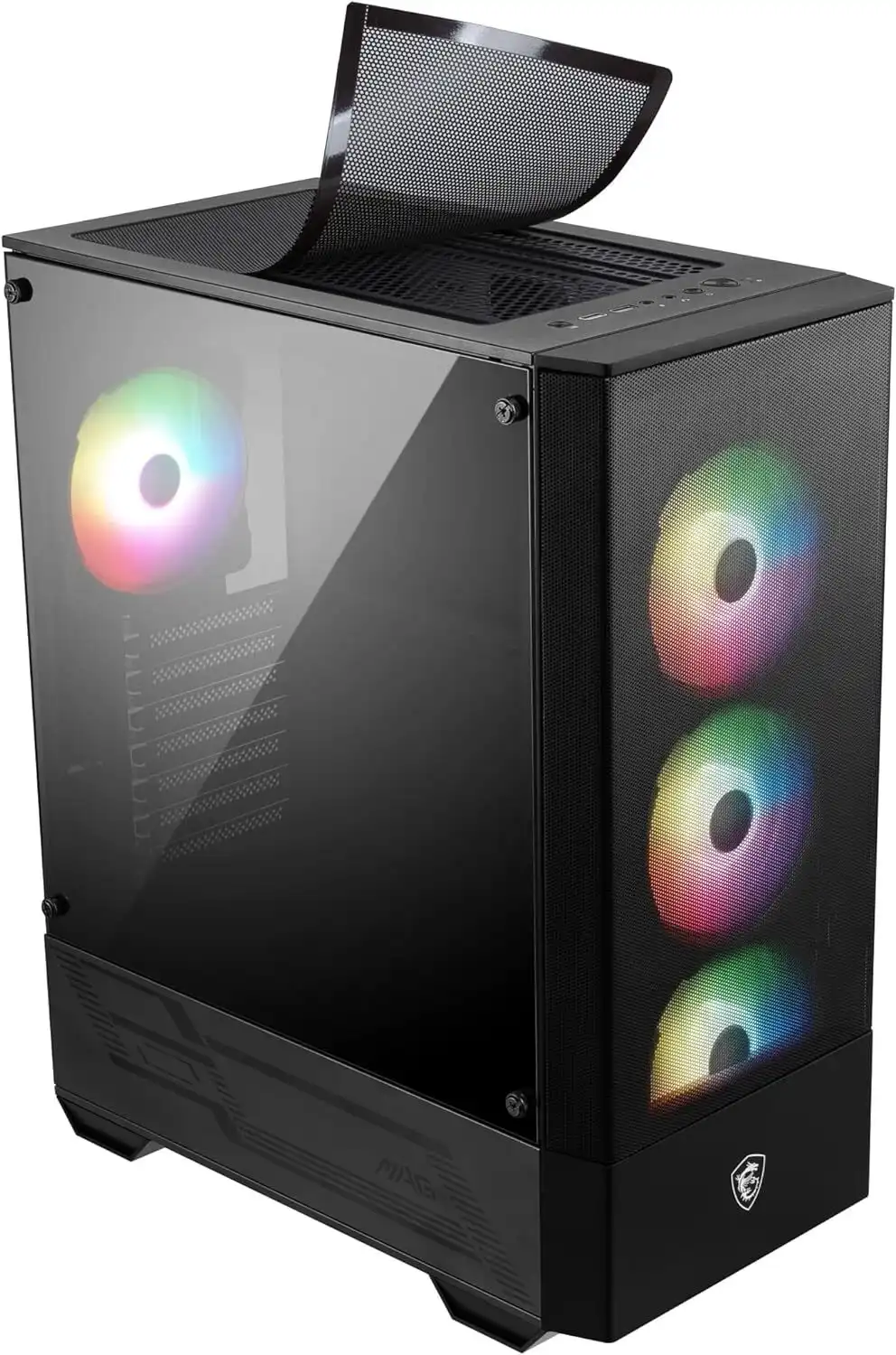 306-7G16X23-809 MSI MAG FORGE 112R Maroc Boîtier PC Gaming moyenne Maroc, En regardant le MSI MAG Forge 112R dans toute sa splendeur de face, les 3 ventilateurs ARGB offrent un joli spectacle de lumière avec 26 couleurs et motifs disponibles. L'inconvénient de l'utilisation du contrôleur interne MSI est qu'il faut un certain temps pour trouver l'effet souhaité, bien qu'il se souvienne du dernier réglage lorsqu'un système est éteint.