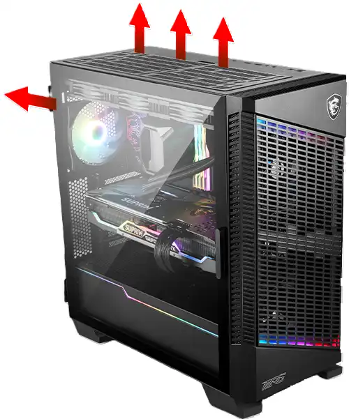 306-7G18P25-809 MSI MPG VELOX 100P AIRFLOW Boîtier PC Gaming moyen, Un bref résumé : le MSI Velox 100P Airflow est un boîtier E-ATX élégant avec des spots de radiateur de 360 ​​mil à l'avant et sur le dessus, une prise d'air entièrement filtrée, y compris des évents latéraux, et un flux d'air assez décent