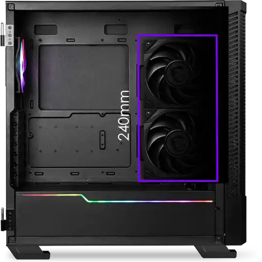 306-7G18P25-809 MSI MPG VELOX 100P AIRFLOW Boîtier PC Gaming moyen, Le panneau d'E/S supérieur est disposé dans le sens de la longueur, avec alimentation, réinitialisation, audio HD, deux ports USB 3.2 Gen1 et un USB-C Gen2, ainsi qu'un bouton de commande LED. En haut et à l'écart, la gestion des câbles est assez simple.