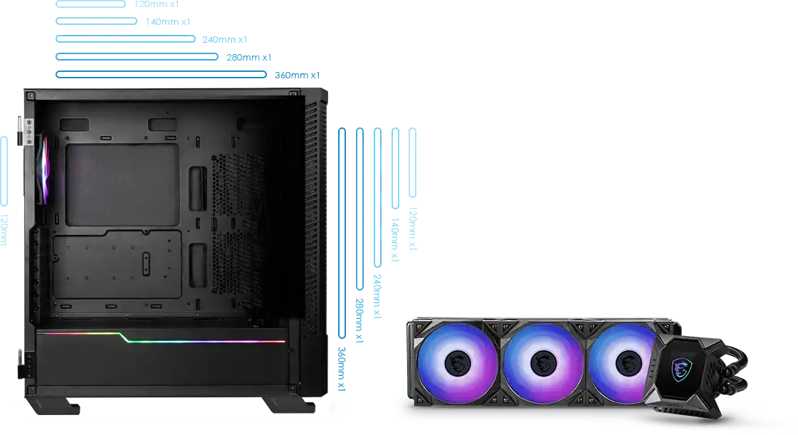 306-7G18P25-809 MSI MPG VELOX 100P AIRFLOW Boîtier PC Gaming moyen, MSI Velox 100P Airflow a une face avant assez ouverte avec des lattes latérales, donc l'admission d'air ici est assez décente, et même avec une configuration à 3 ventilateurs avant et 1 arrière, ce boîtier ne devrait pas chauffer