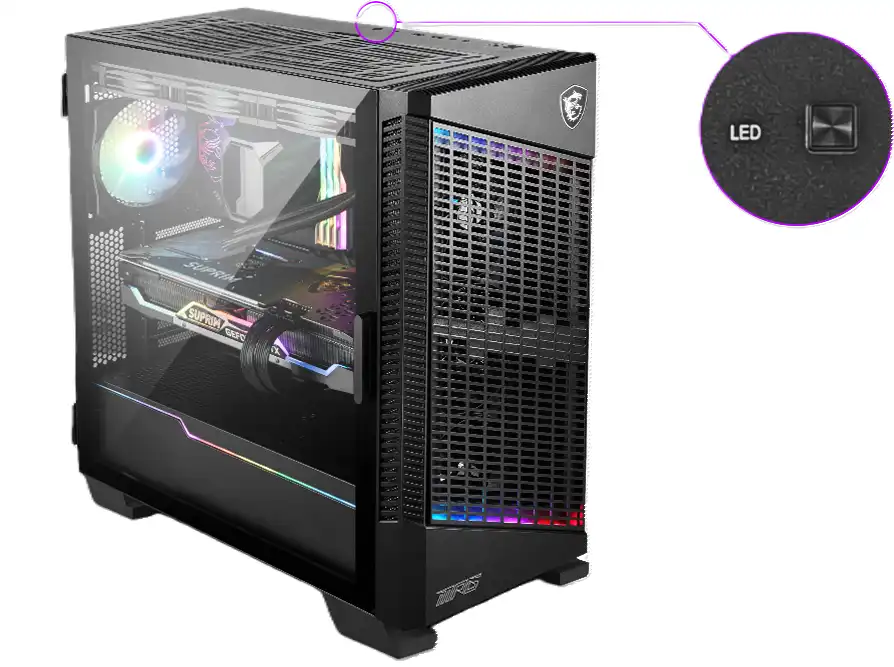 306-7G18P25-809 MSI MPG VELOX 100P AIRFLOW Boîtier PC Gaming moyen, D'une simple pression sur un bouton, vous pouvez contrôler rapidement les effets d'éclairage du boîtier MPG VELOX 100 et choisir celui qui vous convient le mieux parmi tous les effets d'éclairage.