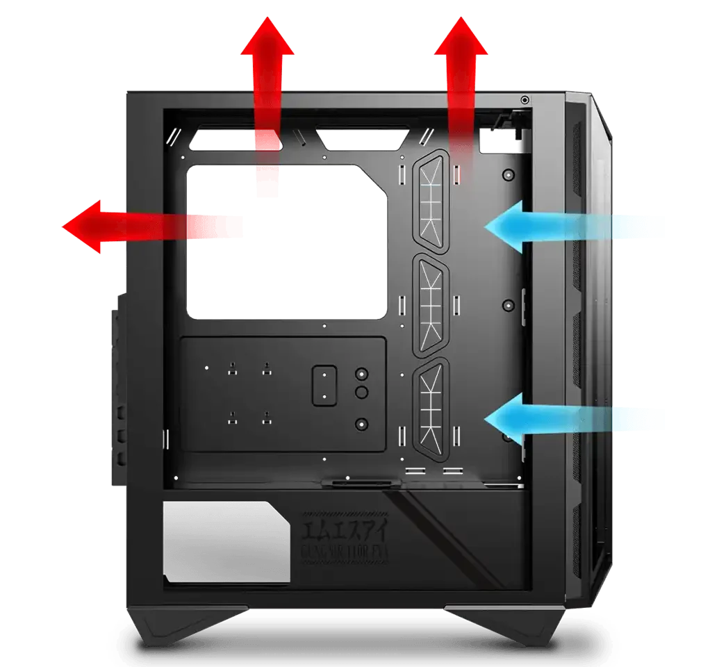 306-7G10R21-W57 MSI MPG GUNGNIR 110R Maroc Boîtier PC Gaming Maroc, Le panneau avant peut accueillir trois ventilateurs de 120 mm ou deux de 140 mm, le panneau supérieur pouvant accueillir jusqu'à deux ventilateurs de 120 mm