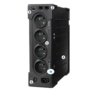 EL650USBFR Maroc Eaton Ellipse ECO 650 USB Maroc Onduleur Off-line 4 prises FR, Grâce à son design particulièrement plat, 1. 3 prises avec protection contre les surtensions et secours batterie + 1 prise uniquement avec protection contre les surtensions 