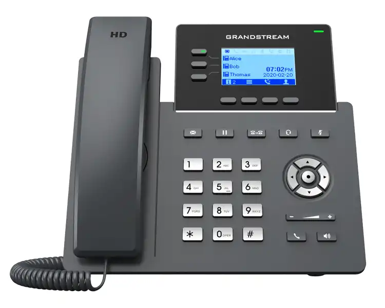 Grandstream GRP2603P Maroc Téléphones IP 3 lignes 6 comptes SIP Maroc, Intrasèquement, le téléphone est fabriqué pour être simple d'utilisation pour tous les collaborateurs. Son écran graphique et ses 3 touches de ligne LED permettent de facilement jongler entre vos appels. Disposant de 4 touches programmables, le téléphone est également conçu avec 9 touches de fonctions spécifiques, permettent d'accéder à des fonctionnalités inclues dans le téléphone