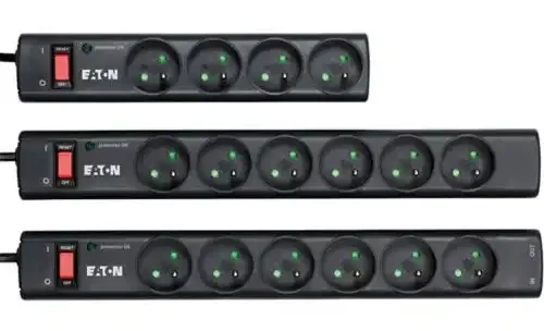 PS6F Eaton Protection Strip 6 FR Multiprise parafoudre 6 prises, Modèles 4 ou 6 prises françaises pour une connexion aisée des équipements informatiques typiques, y compris les périphériques.