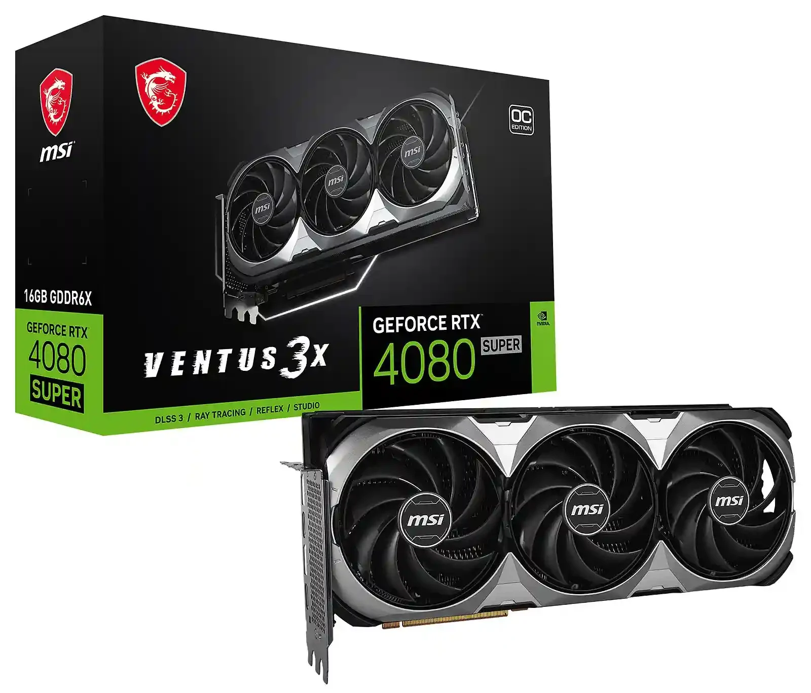 912-V511-221 Carte graphique MSI GeForce RTX 4080 SUPER 16G VENTUS 3X OC, MSI GeForce RTX 4080 SUPER VENTUS 3X OC répond aux exigences des jeux 8K et des fréquences d'images élevées tout en offrant des performances optimisées en matière de ray tracing et d'IA en temps réel. Dotée de 16 Go de VRAM GDDR6X et d'une interface mémoire 256 bits
