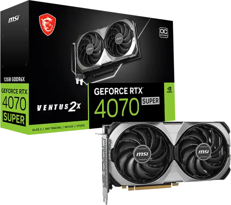 912-V513-658 MSI GeForce RTX 4070 SUPER 12G VENTUS 2X OC Carte graphique GeForce RTX 4070 SUPER, carte graphique MSI GeForce RTX 4070 SUPER 12G VENTUS 2X OC répond aux exigences des jeux 4K et 1440p à des fréquences d'images élevées tout en offrant des performances optimisées en matière de ray tracing et d'IA en temps réel. 
