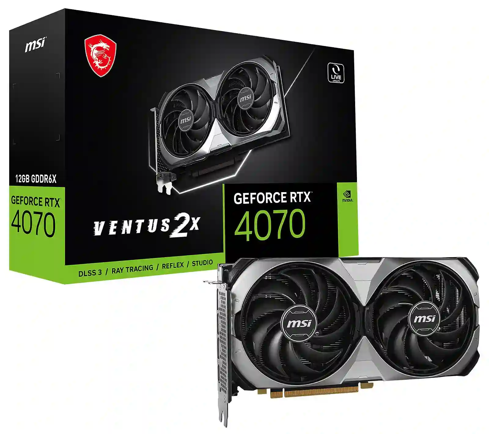 912-V513-698 MSI GeForce RTX 4070 VENTUS Maroc Carte graphique RTX 4070 12GB Maroc, la carte graphique MSI GeForce RTX 4070 VENTUS 2X WHITE OC apporte la puissance du ray tracing en temps réel et de l'IA à vos jeux PC 