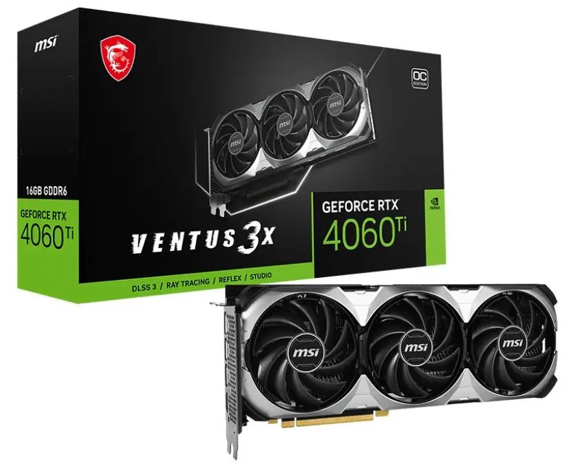 912-V517-013 MSI GeForce RTX 4060 Ti VENTUS 3X 16G OC Carte graphique NVIDIA GeForce RTX 4060 Ti, la carte graphique MSI GeForce RTX 4060 Ti VENTUS 3X 16G OC apporte la puissance du ray tracing en temps réel et de l'IA à vos jeux PC 