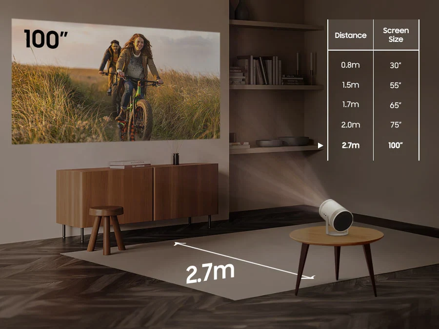 SP-LFF3CLAXXMV Samsung The Freestyle 2nd Gen Maroc Projecteur portable Maroc, The Freestyle 2nd vous permet de projeter un écran de 30″ à 100″n