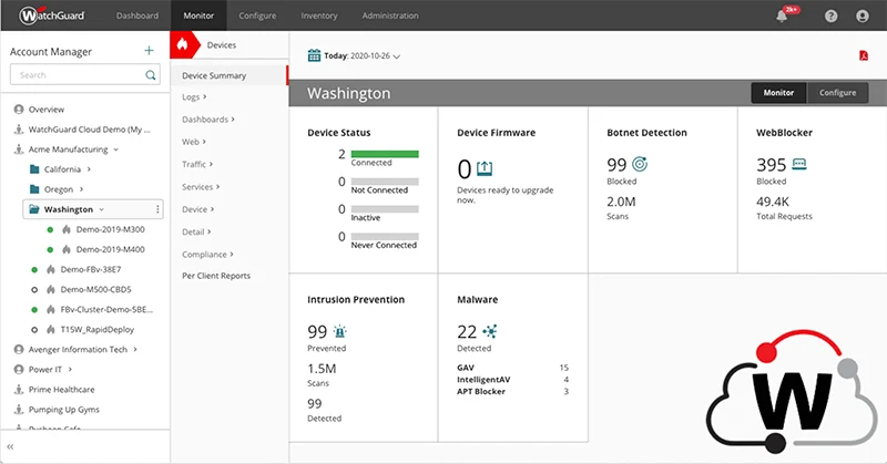 WGA33000000 WatchGuard AP330 Maroc Point d'accès Wi-Fi 6 Maroc, Vous pouvez gérer l'AP330 avec WatchGuard Cloud. WatchGuard Cloud offre une plate-forme simplifiée de gestion du Wi-Fi pour un déploiement, une configuration et une génération de rapports faciles sur une plate-forme de sécurité unifiée