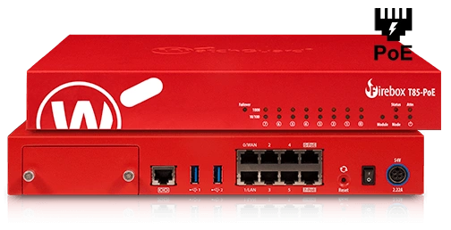 Watchguard Firebox T85-PoE Firewall Firebox T85-PoE with 1-yr Standard, Le Firebox T85-PoE est l'un des appareils de bureau les plus performants du marché et propose des modules d'extension de port en option pour une connectivité fibre optique intégrée, afin que vous puissiez vous adapter à l'évolution de vos besoins de connectivité