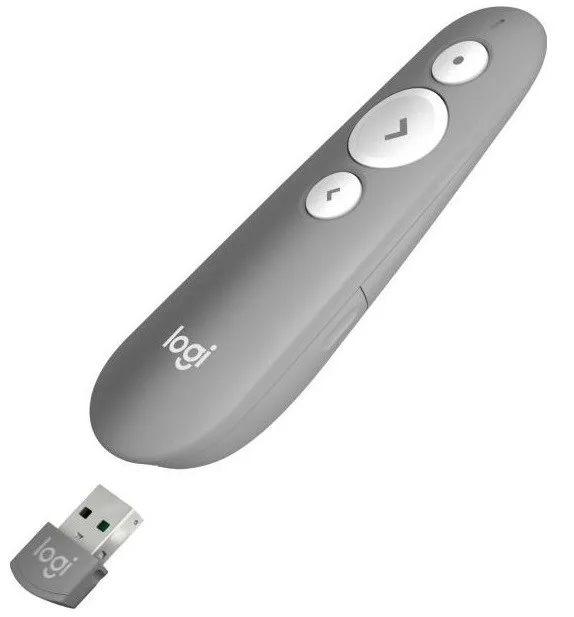 La pointeur laser Logitech R500S Gris moyen est plug-and-play et peut se connecter à un ordinateur macOS ou Windows via Bluetooth ou le mini-récepteur sans fil USB inclus dans le port USB de votre ordinateur