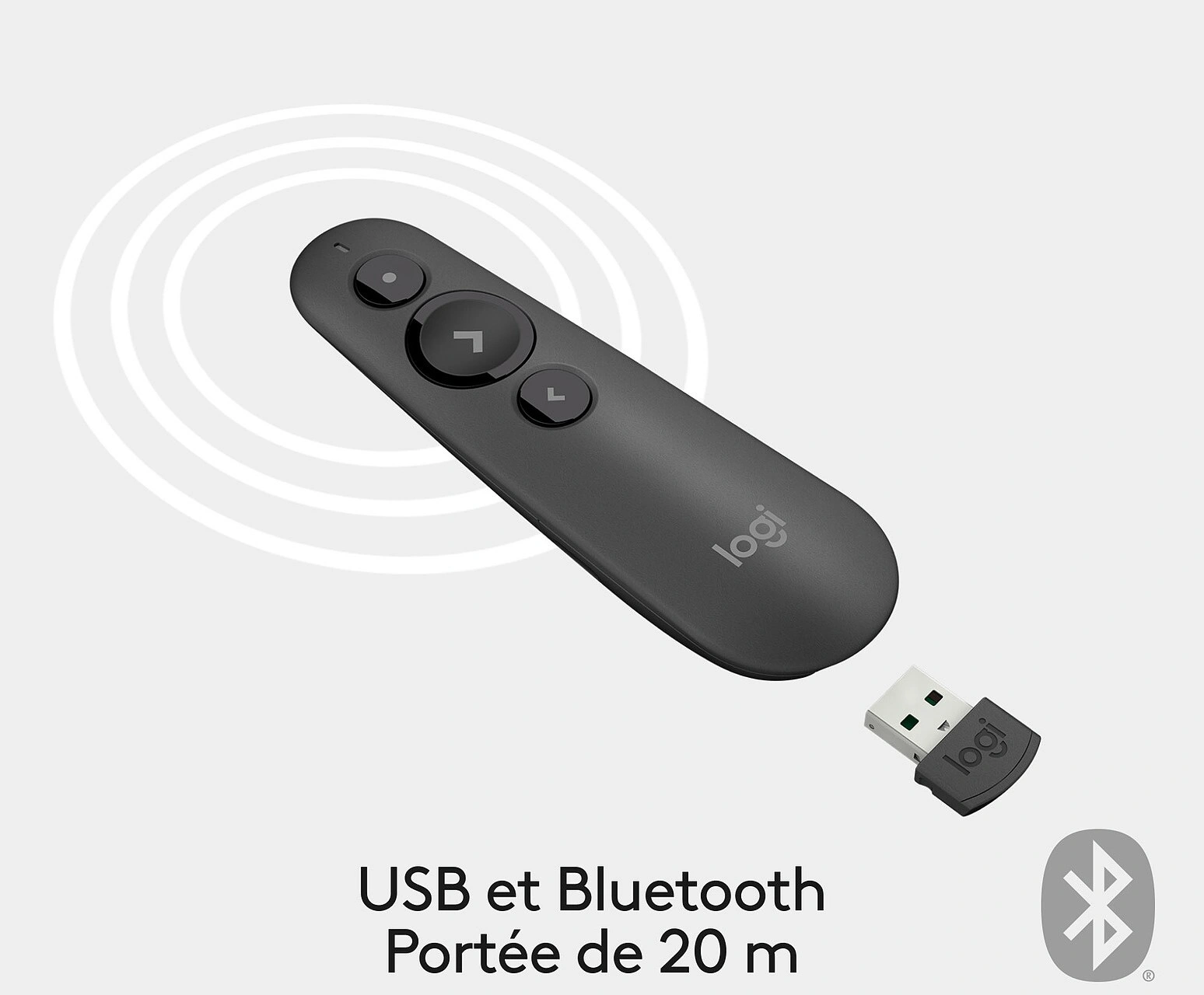 910-005843 Maroc Logitech R500S Graphite Maroc Présentateur laser Bluetooth Maroc, La télécommande Logitech R500S Graphite est plug-and-play et peut se connecter à un ordinateur macOS ou Windows via Bluetooth ou le mini-récepteur sans fil USB inclus dans le port USB de votre ordinateur, et vous êtes prêt à parti