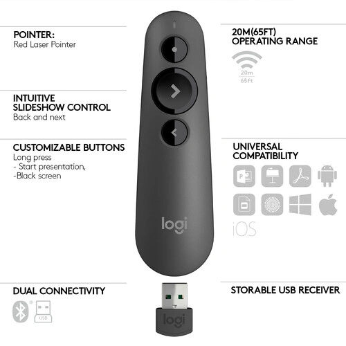 910-005843 Maroc Logitech R500S Graphite Maroc Présentateur laser Bluetooth Maroc, Prenez le contrôle total de votre prochaine présentation au travail ou à l'école la Logitech R500S Graphite offre un contrôle précis et sans fil des diaporamas à un prix abordable. Cette télécommande intuitive offre un confort profilé qui vous permet de naviguer facilement dans vos présentations 