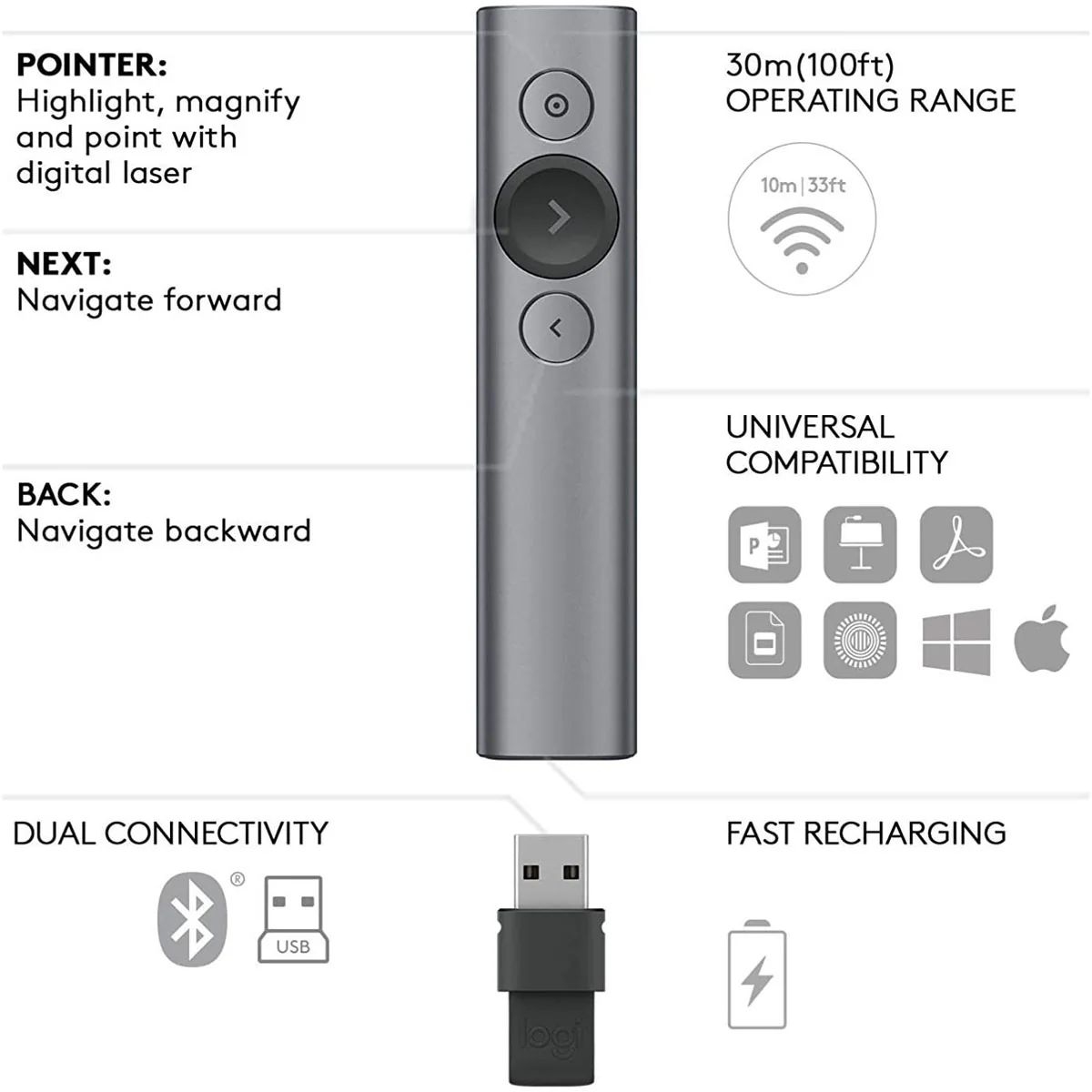 910-004861 Logitech Spotlight Presenter Gris Maroc Télécommande de présentation Maroc, Installez et utilisez instantanément Spotlight sur tout ordinateur compatible via récepteur USB ou connectez-le via Bluetooth Smart à économie d’énergie