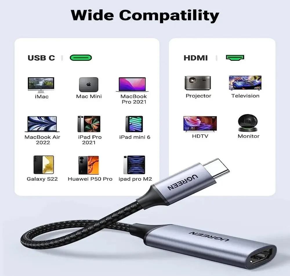 Câble Adaptateur UGREEN 70444 Maroc Câble Adaptateur USB C vers HDMI Maroc, Le câble HDMI 4K Type-C connecte sans effort les appareils USB-C/Thunderbolt 3 qui prennent en charge le mode DP Alt à la TV HD