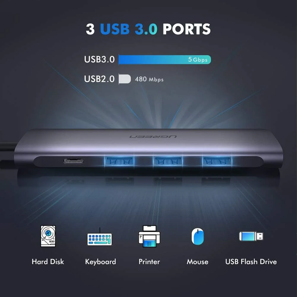 HUB UGREEN 50209 Maroc Station d'accueil 5 en 1 Maroc, Le hub USB C 3.0 à 3 ports transfère les données à des vitesses incroyables jusqu'à 5 Gbit/s, suffisamment rapide pour transférer un film haute définition en quelques secondes