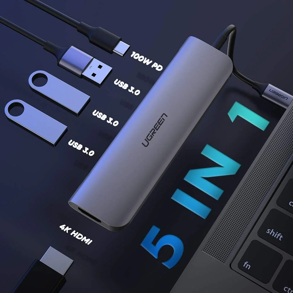 HUB UGREEN 50209 Maroc Station d'accueil 5 en 1 Maroc, L'adaptateur USB C UGREEN 50209 ajoute 3 ports USB 3.0, un port HDMI 4K et un port de chargeur Power Delivery 100 W