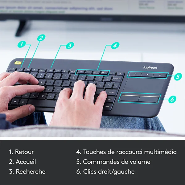 920-007129 Logitech K400 Plus Maroc Clavier sans fil pavé tactile Maroc, Ce clavier est doté de touches de raccourci intégrées pour les plates-formes Windows et Android