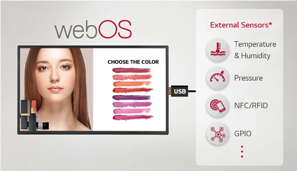 LG 32SM5J-B Maroc Écran d'affichage commercial 32 1080p Maroc, La plateforme webOS Smart Signage de LG permet de fournir facilement des solutions supplémentaires en prenant en charge des connexions simples avec des capteurs externes tels que GPIO 