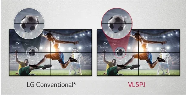 LG 49VL5PJ-H Maroc Écran mural vidéo LG Écran mur d’images 49 Maroc, Le LG 49VL5PJ comprend un algorithme d'amélioration de l'image qui peut réduire les écarts entre les écrans en mosaïque lors de la lecture de vidéos. Les objets situés sur les limites du cadre sont ajustés pour une expérience de visionnage fluide.