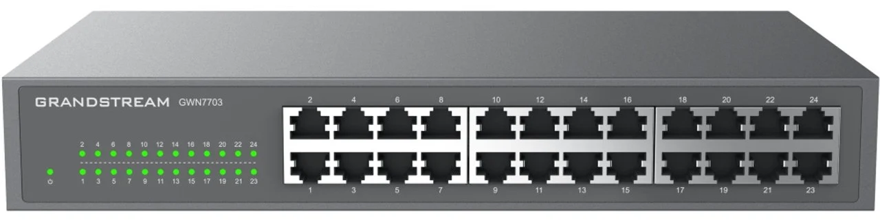 Commutateur Grandstream GWN7703 Maroc Switch 24 ports Maroc Commutateur 24 ports non géré Switch Grandstream 24 ports Maroc, Grandstream GWN7703 est composée de commutateurs réseau non gérés qui offrent un moyen rapide et économique d'ajouter une connectivité Gigabit haut débit aux bureaux à domicile et aux petites et moyennes entreprises
