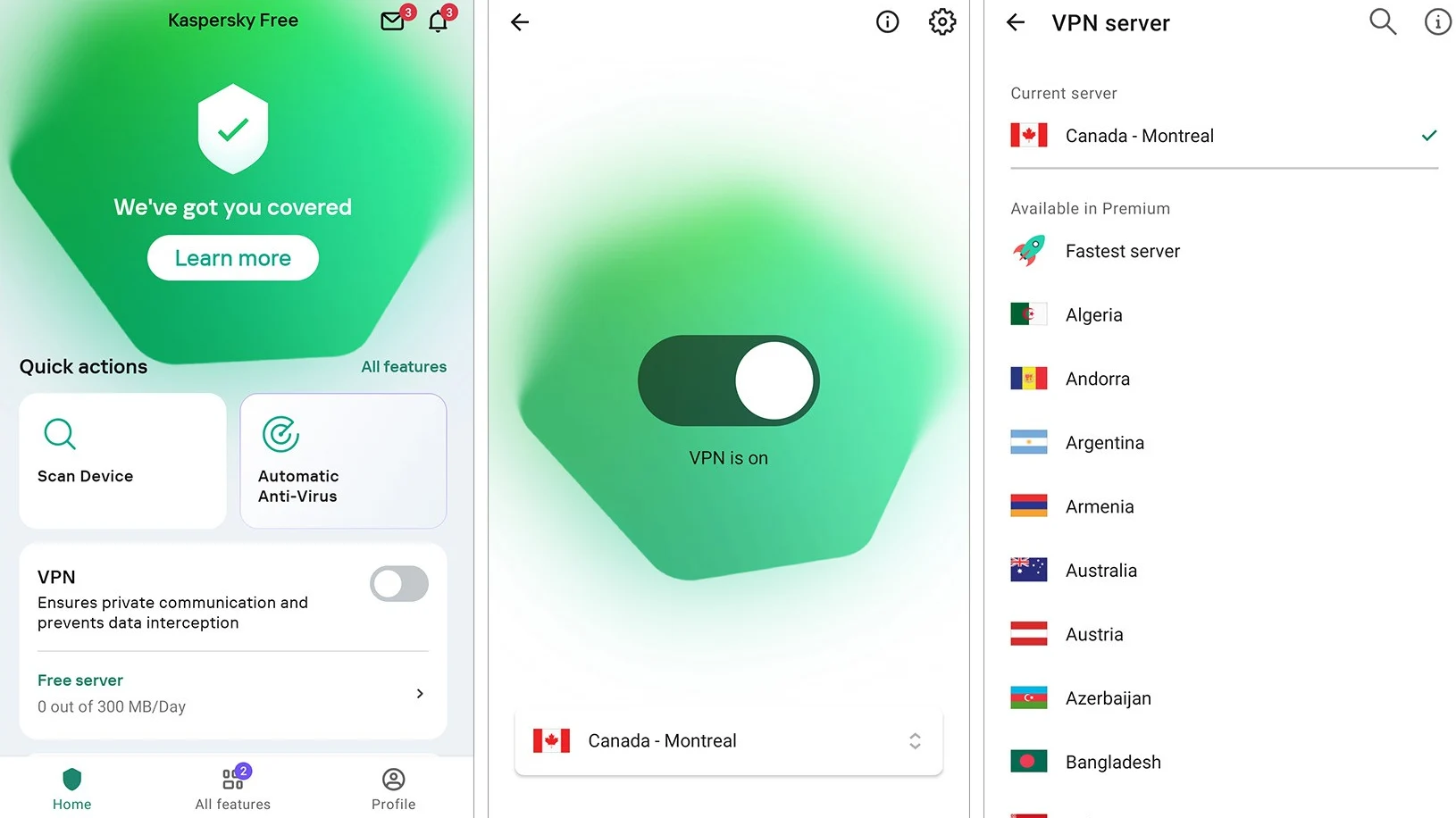 KL10478BCFS-SLIMMAG Maroc Antivirus KASPERSKY Premium 3 postes Maroc Licence KASPERSKY 3 postes 1 an Maroc, Le VPN de Kaspersky, inclus dans ses forfaits Plus et Premium, offre des données de navigation illimitées, un kill switch, une protection complète contre les fuites et une protection intelligente qui active automatiquement le VPN lors de l'utilisation de réseaux publics. Il fournit également des serveurs dans plus de 70 pays