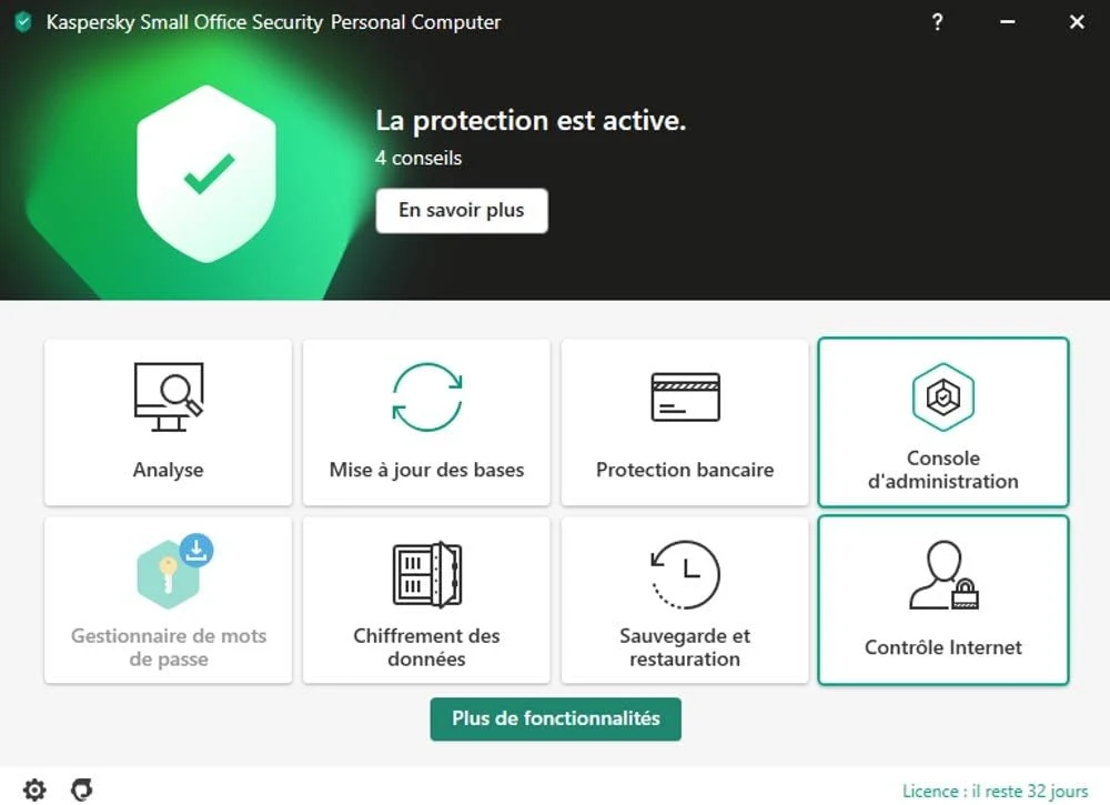 KL45418BKFS-20MWCA Maroc KASPERSKY Small Office Security 1 server + 10 postes Maroc Kaspersky Small Office Security 7.0 Maroc Antivirus Kaspersky Small Office Security Maroc, KASPERSKY Small Office Security 1 server 10 postes 7.0 associe la simplicité de la protection des PC domestiques à des fonctionnalités spéciales pour assurer la sécurité de votre entreprise pendant que les employés sont au travail. 