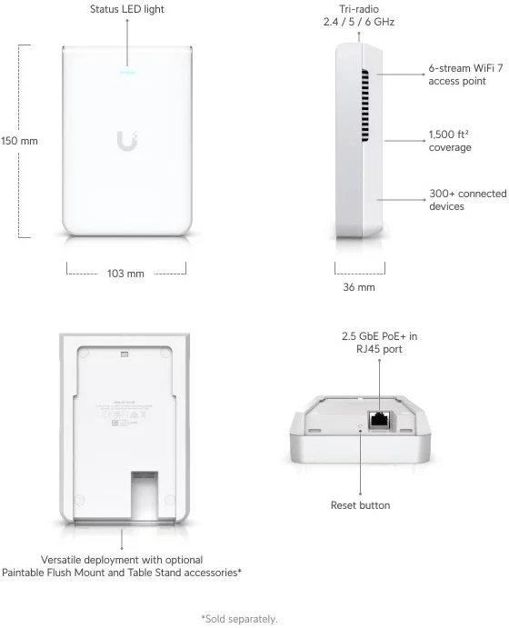 Ubiquiti U7 Pro Wall Maroc Point d'accès Wi-Fi 7 Maroc Point d'accès Ubiquiti U7-Pro-Mural Maroc Ubiquiti UniFi U7 Pro Wall Maroc, L'Ubiquiti U7 Pro Wall s'intègre parfaitement au logiciel UniFi Network Controller (version 8.1 et ultérieure) ou à UniFi OS (version 3.2 et ultérieure), permettant une configuration, une surveillance et une gestion centralisées de l'ensemble de votre réseau. 
