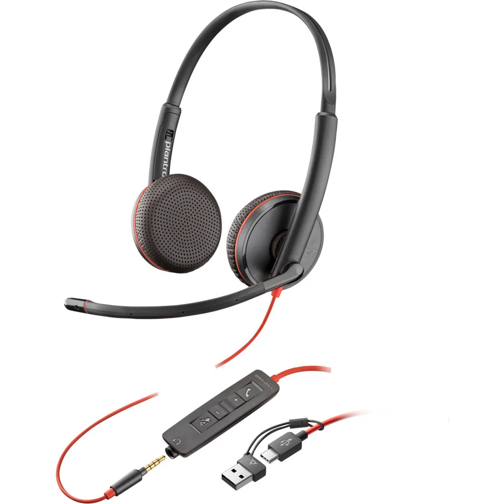 Poly Blackwire 3225 USB-C/A Micro-casque sur-oreille filaire USB jack 3,5mm (8X229AA) 26 HP Poly HP Maroc Poly Blackwire Maroc Casque Poly Blackwire 3225 Maroc Casque stéréo Maroc 8X229AA Maroc, le casque stéréo USB-C Blackwire 3225 de Poly est un casque à réduction de bruit doté d'un microphone flexible et d'interfaces USB-C et 3,5 mm pour la connexion aux Mac, PC Windows et à de nombreux autres appareils