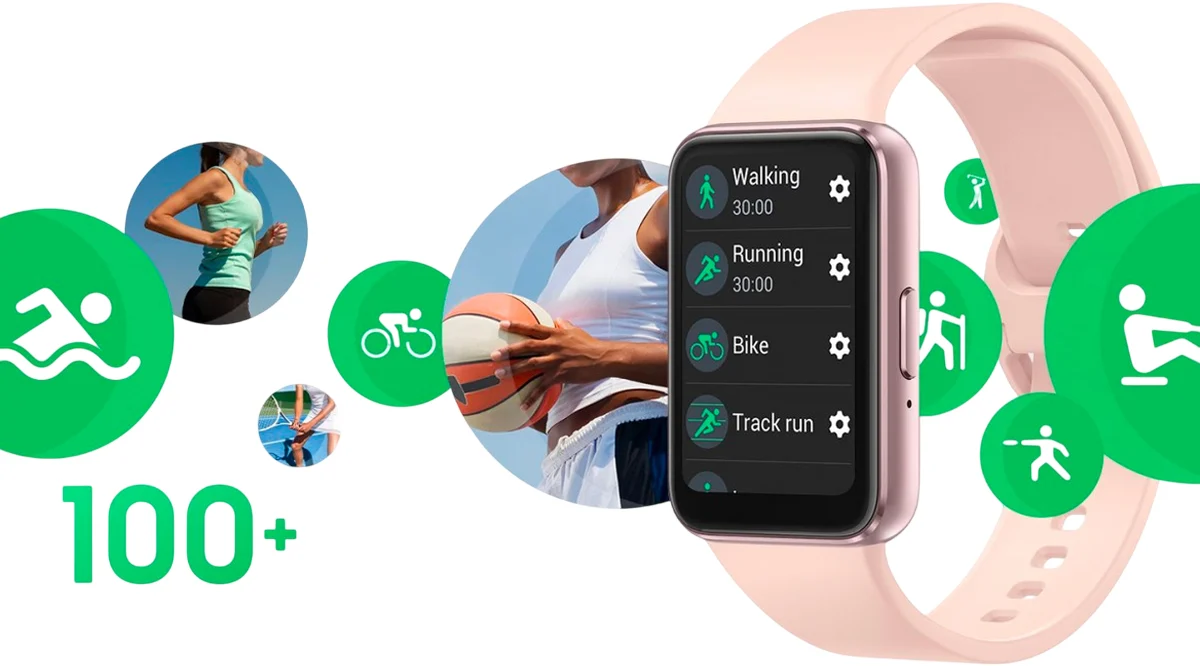 SM-R390NIDAMEA Maroc Samsung Galaxy Fit3 Pink Gold Maroc Montre connectée Samsung Galaxy Fit3 Maroc, Appuyez deux fois sur le bouton accueil, choisissez un exercice parmi 100, course à pied ou vélo elliptique, rameur ou natation : le Samsung Galaxy Fit3 est aussi sportif que vous et ne manquera ni votre départ, ni votre arrivée 