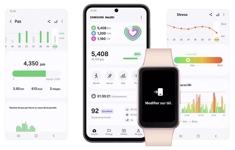 SM-R390NIDAMEA Maroc Samsung Galaxy Fit3 Pink Gold Maroc Montre connectée Samsung Galaxy Fit3 Maroc, Entraînements de sport, performances de bien-être, suivi du sommeil : votre poignet vous livre tous vos secrets avec Samsung Health, disponible sur petit (bracelet connecté Samsung Galaxy Fit3) et grand écran (smartphone Samsung Galaxy). 