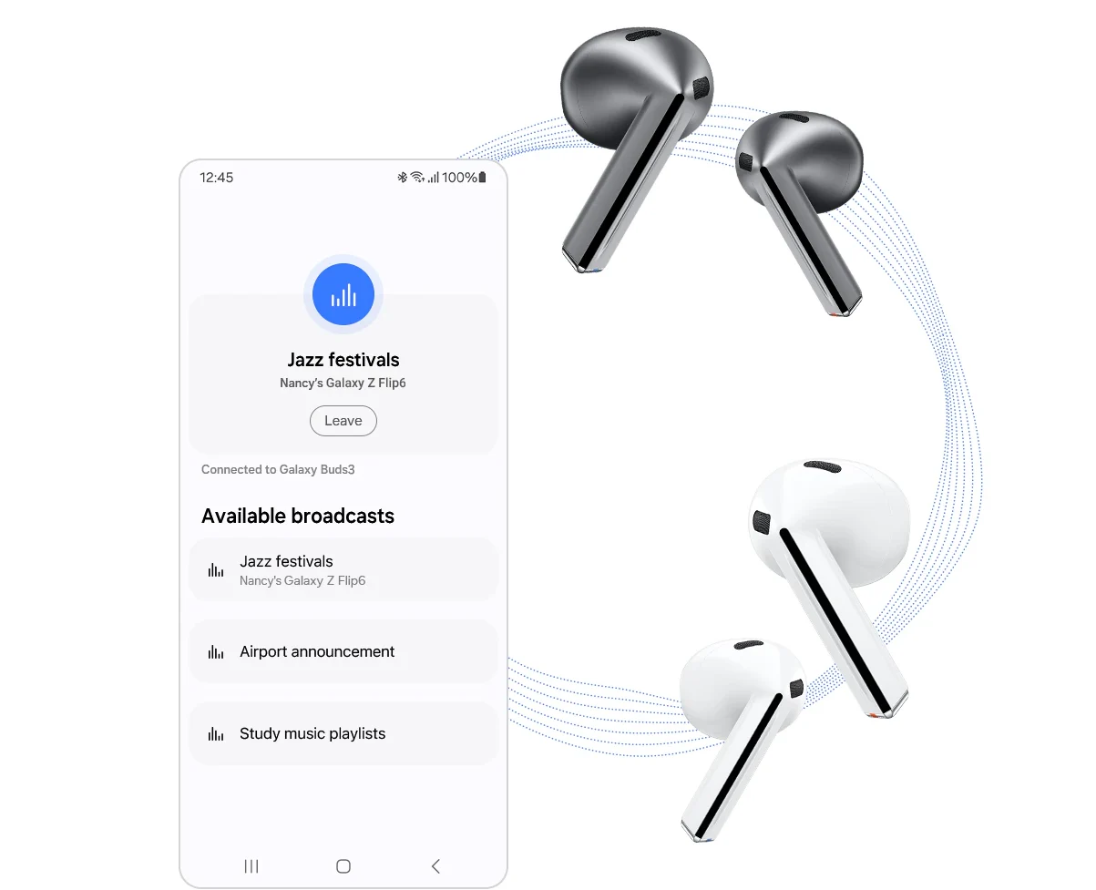 SM-R530NZWAMEA Maroc Samsung Galaxy Buds3 White Maroc Écouteurs sans fil Bluetooth Maroc Écouteurs Samsung Bluetooth Maroc, Avec la technologie de diffusion Auracast, partagez votre flux audio avec un nombre illimité d’appareils. Transformez sans effort votre Samsung TV 