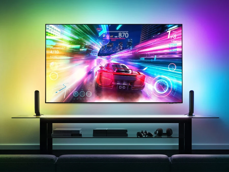 QA55QN85DBUXMV Maroc Smart TV Samsung Neo QLED 4K 55 série 8 Maroc Téléviseur Samsung Neo QLED 55 Maroc, Plongez dans des environnements dynamiques et personnalisés créés par des lumières intelligentes qui se synchronisent automatiquement avec le contenu à l'écran.