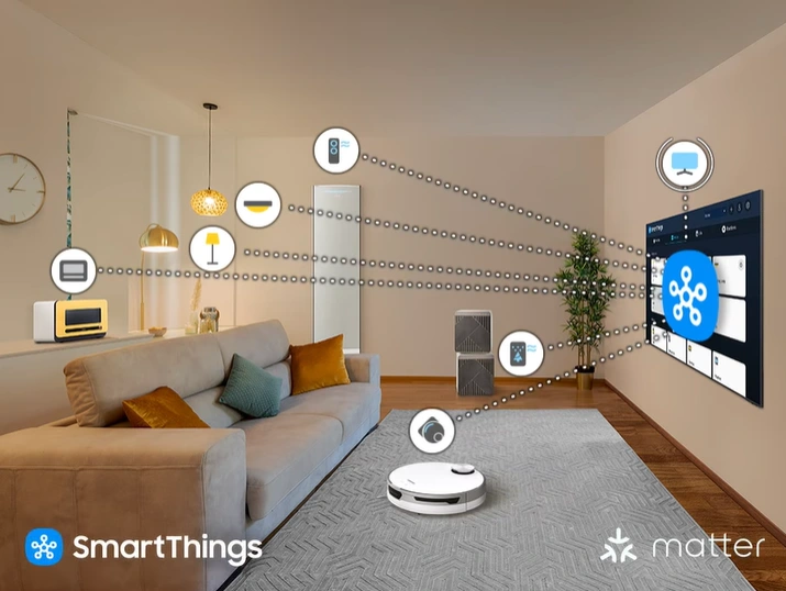 QA55QN85DBUXMV Maroc Smart TV Samsung Neo QLED 4K 55 série 8 Maroc Téléviseur Samsung Neo QLED 55 Maroc, vous pouvez connecter et contrôler de manière transparente les appareils intelligents compatibles avec les normes Matter et HCA, sans avoir besoin d'un appareil supplémentaire.