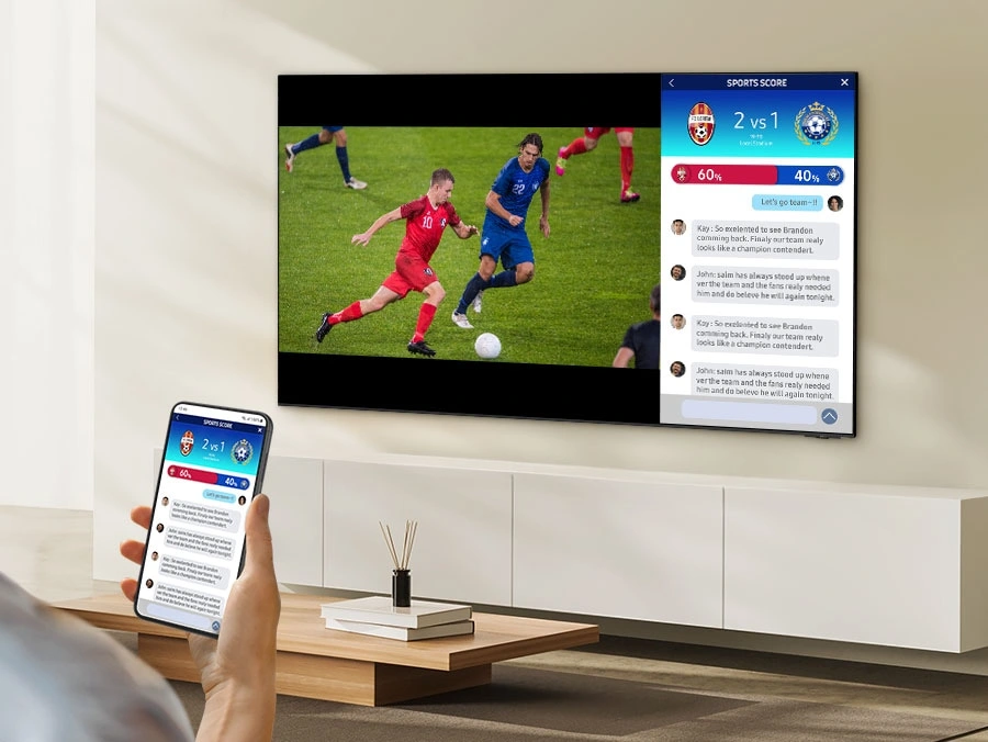 QA55QN85DBUXMV Maroc Smart TV Samsung Neo QLED 4K 55 série 8 Maroc Téléviseur Samsung Neo QLED 55 Maroc, Qu'il s'agisse de statistiques sportives en direct ou de vidéos d'astuces pour les jeux, il suffit de connecter votre téléphone pour profiter du multiécran comme jamais auparavant.