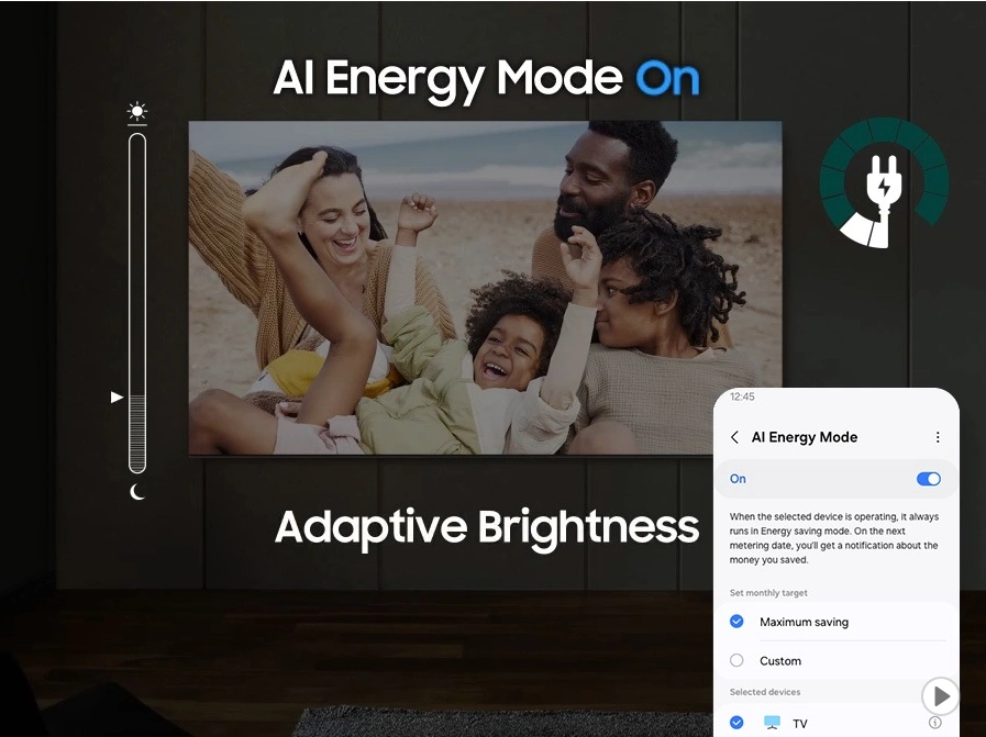 QA55QN85DBUXMV Maroc Smart TV Samsung Neo QLED 4K 55 série 8 Maroc Téléviseur Samsung Neo QLED 55 Maroc, En activant le mode Économie d'énergie avec Al, votre TV détecte automatiquement les niveaux de lumière environnante et analyse les comportements d'utilisation pour ajuster la luminosité