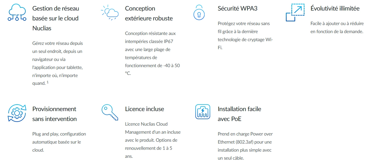 Point d'accès D-Link DBA-3621P Maroc Point d'accès Wi-Fi extérieur Maroc Point d'accès Nuclias cloud Maroc, gérer et dépanner rapidement l'ensemble du réseau via un navigateur Web ou l'application dédiée Nuclias Cloud.